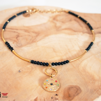 Ogrlica DIVINE EYE od onyx kamena i pozlaćenog čelika s privjeskom